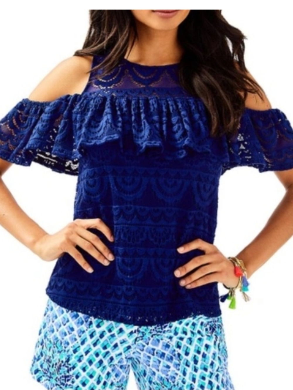 Lilly Pulitzer Navy Scalloped Lace Cold-Shoulder Top